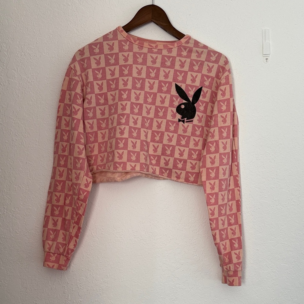 Playboy Pink Two-Tone Checkered Logo Long Sleeve Crop Top Sweatshirt Style Size